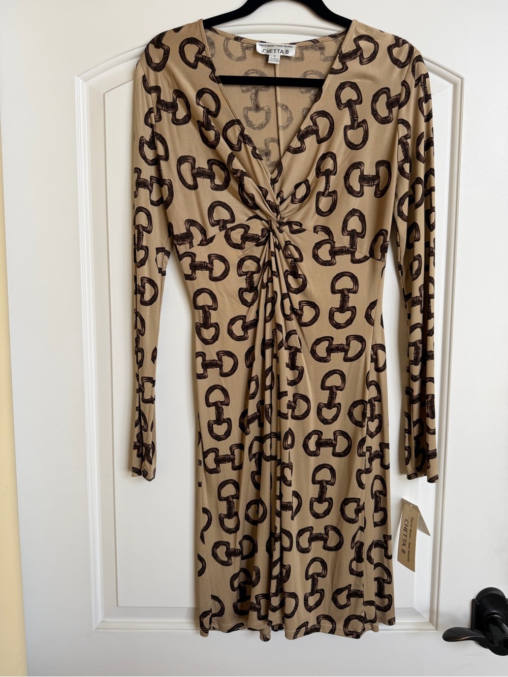 Chetta B Tan 100% silk Dress with Brown Chain Print and Twist Front